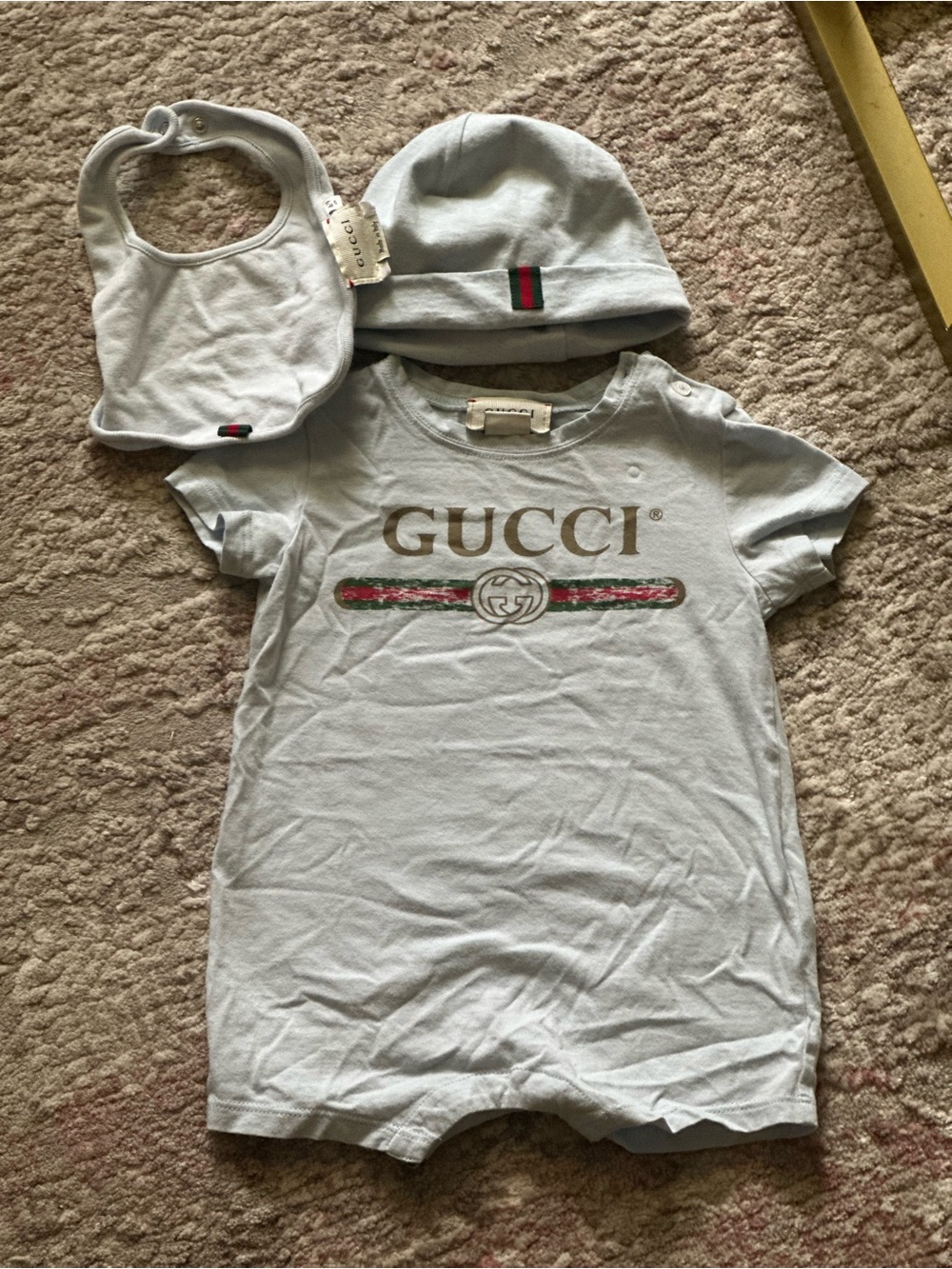 Gucci Light Blue Baby Romper Set with Red-Green Stripe
